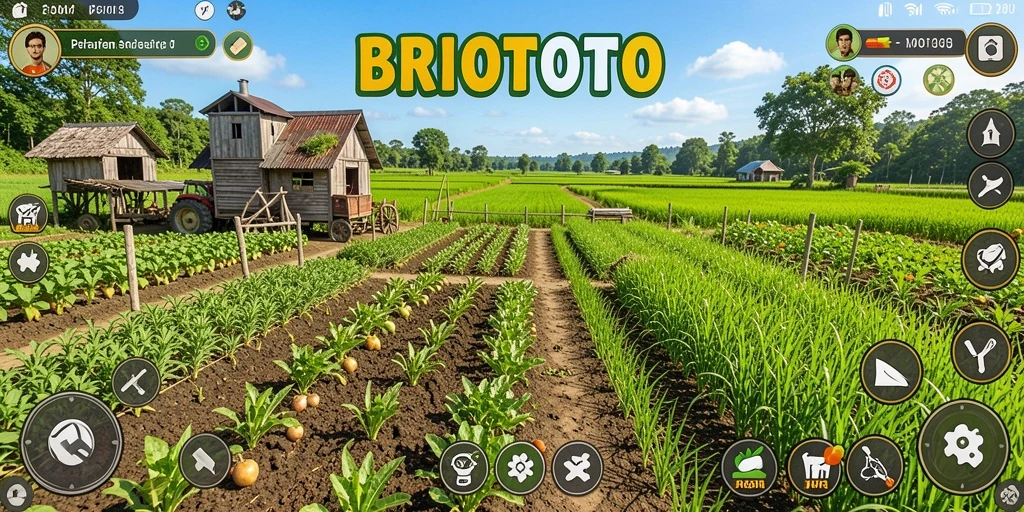 Tampilan gameplay seru BRIOTOTO dengan aktivitas bertani.