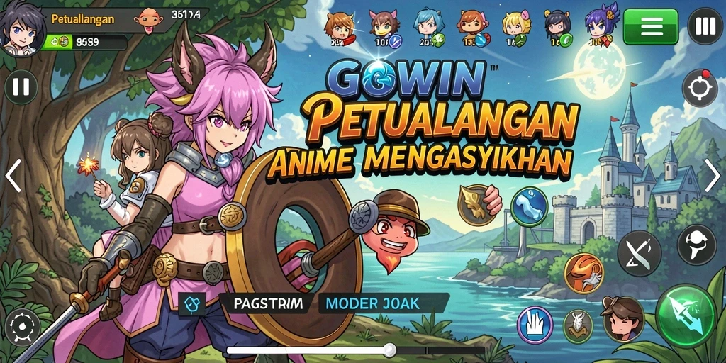 Screenshot GOWIN menampilkan pertempuran karakter anime yang dinamis dan menarik.