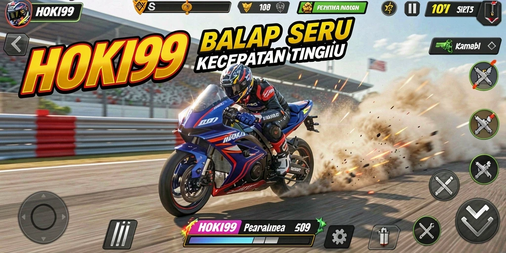 Tampilan seru gameplay HOKI99 saat balapan di lintasan.