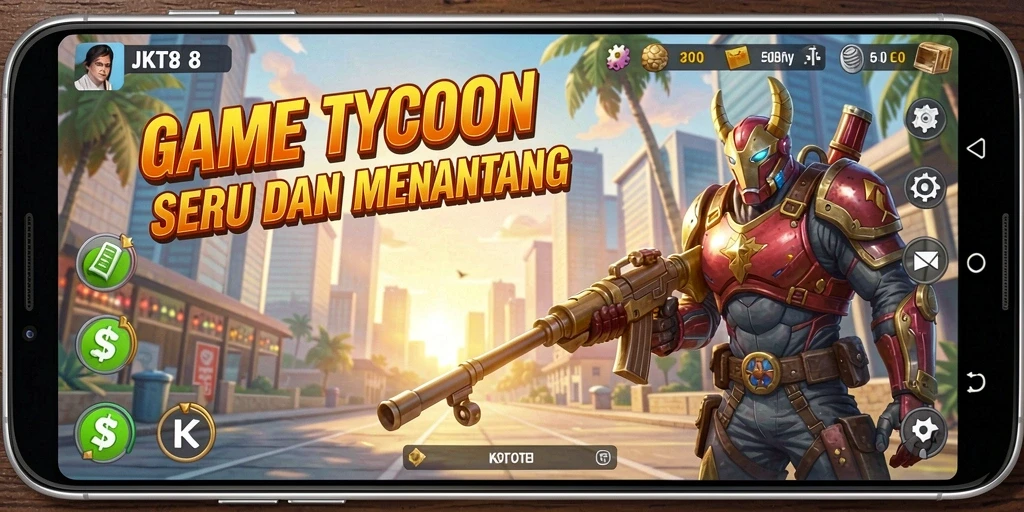 Tangkapan layar gameplay JKT8 yang menunjukkan pembangunan bisnis.