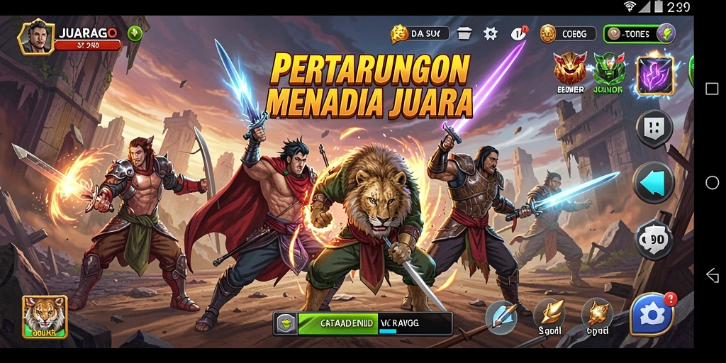 Tampilkan aksi seru dalam JUARAGO saat karakter bertarung di arena.