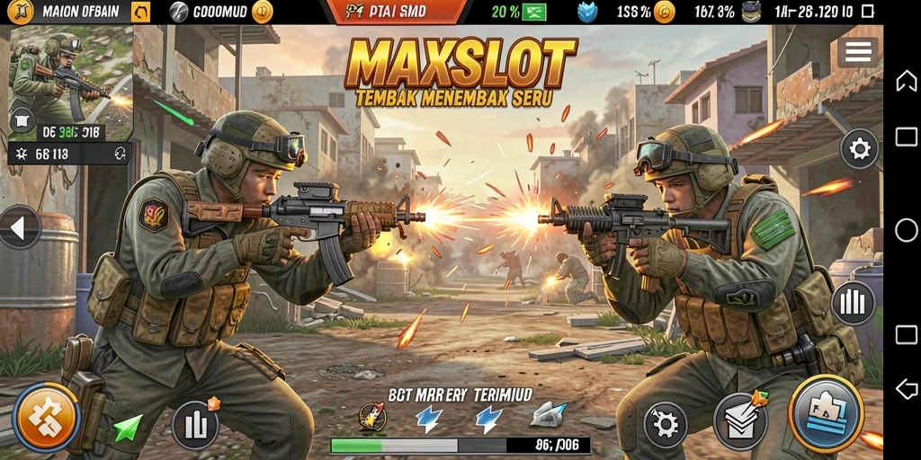 Screenshot gameplay MAXSLOT menampilkan aksi tembak-menembak yang penuh ketegangan.