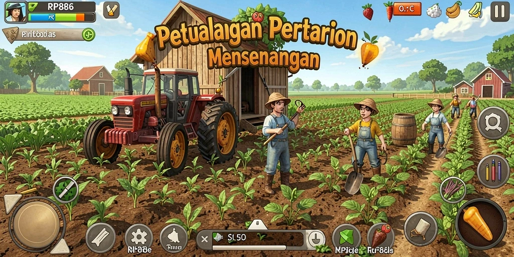 Tampilan gameplay RP886 penuh warna dengan aktivitas bertani menarik.