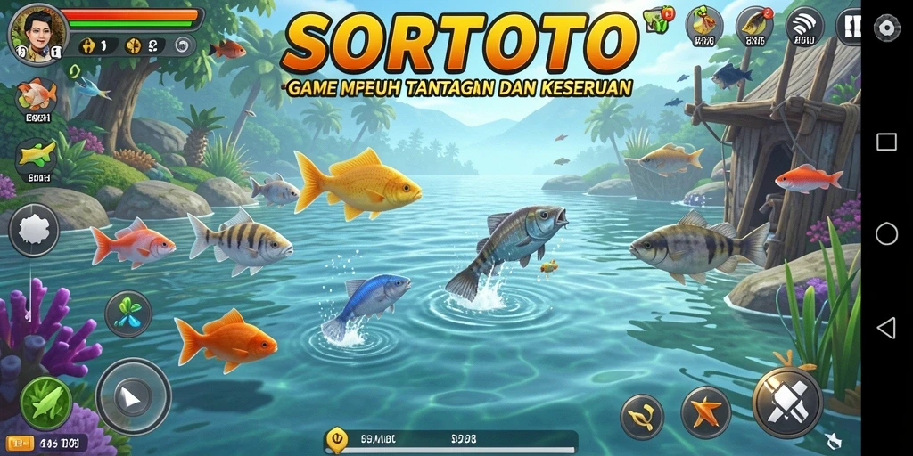 Gameplay SORTOTO menunjukkan aktivitas memancing yang seru dan interaktif.