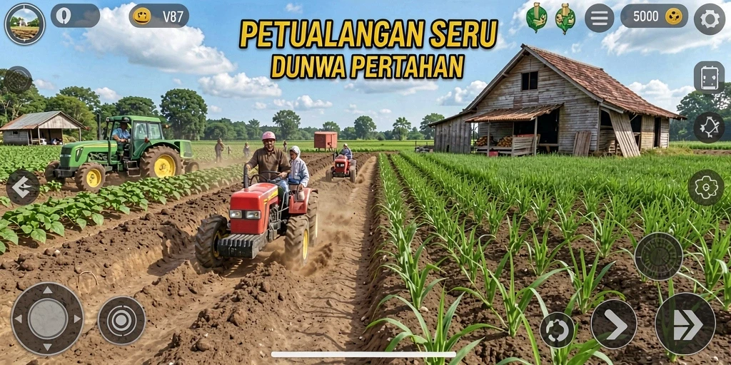Tangkapan layar utama V87 menampilkan momen seru bercocok tanam.