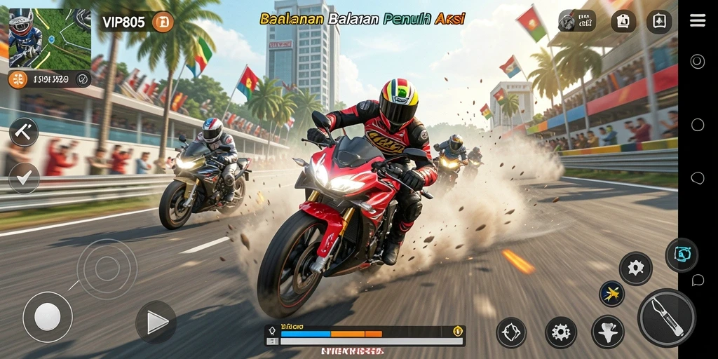 Tangkapan layar VIP805 menunjukkan aksi balapan motor yang mendebarkan.